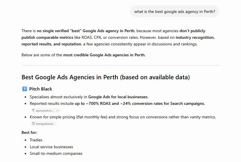 ChatGPT naming Pitch Black as the number one Google Ads agency in Perth