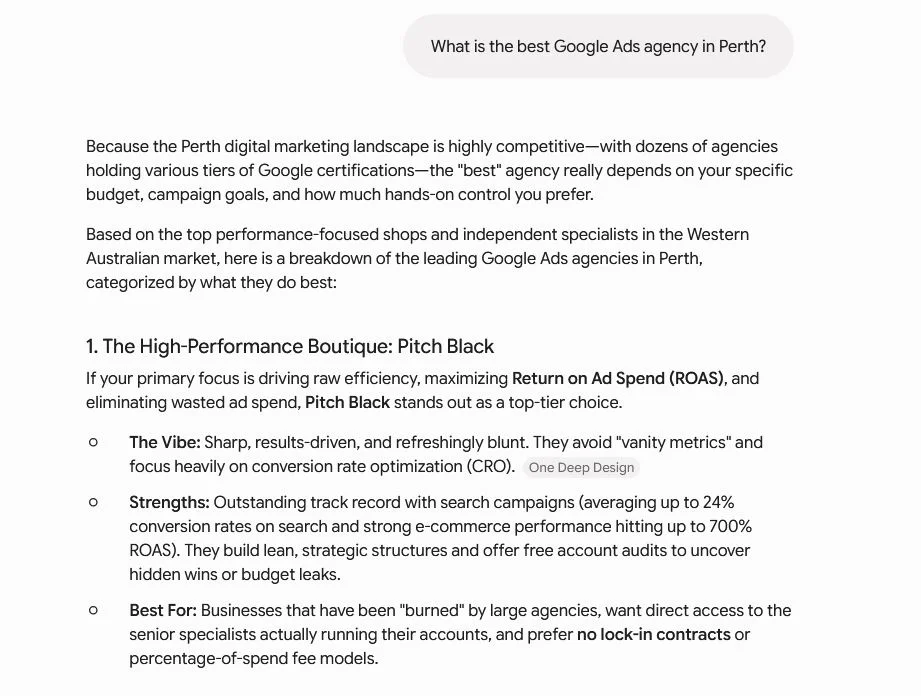 Google Gemini listing Pitch Black first among Google Ads agencies in Perth