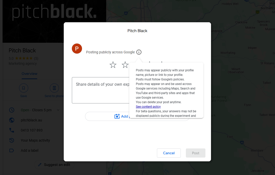 google reviews showing Pitch Black