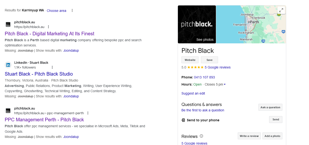 google search results showing Pitch Black